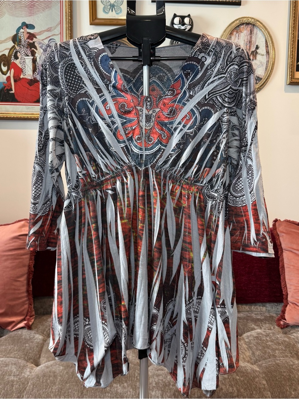 Y2K Paisley Print Babydoll Long Sleeve Top
